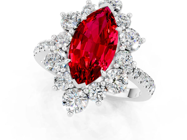 Silver Marquise Cut Ruby Floral Halo Ring with Round Pavé Band and Prong Setting