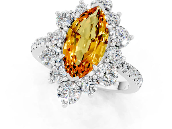 Silver Marquise Cut Citrine Floral Halo Ring with Round Pavé Band and Prong Setting