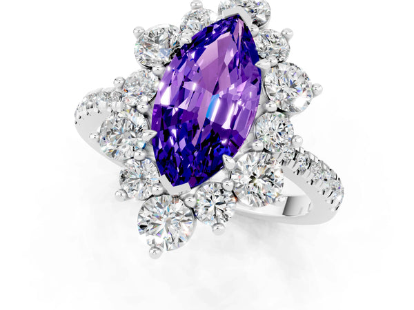 Silver Marquise Cut Tanzanite Floral Halo Ring with Round Pavé Band and Prong Setting