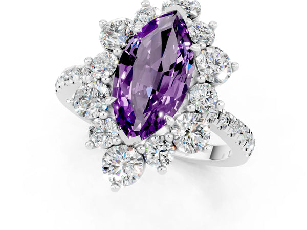 Silver Marquise Cut Amethyst Floral Halo Ring with Round Pavé Band and Prong Setting