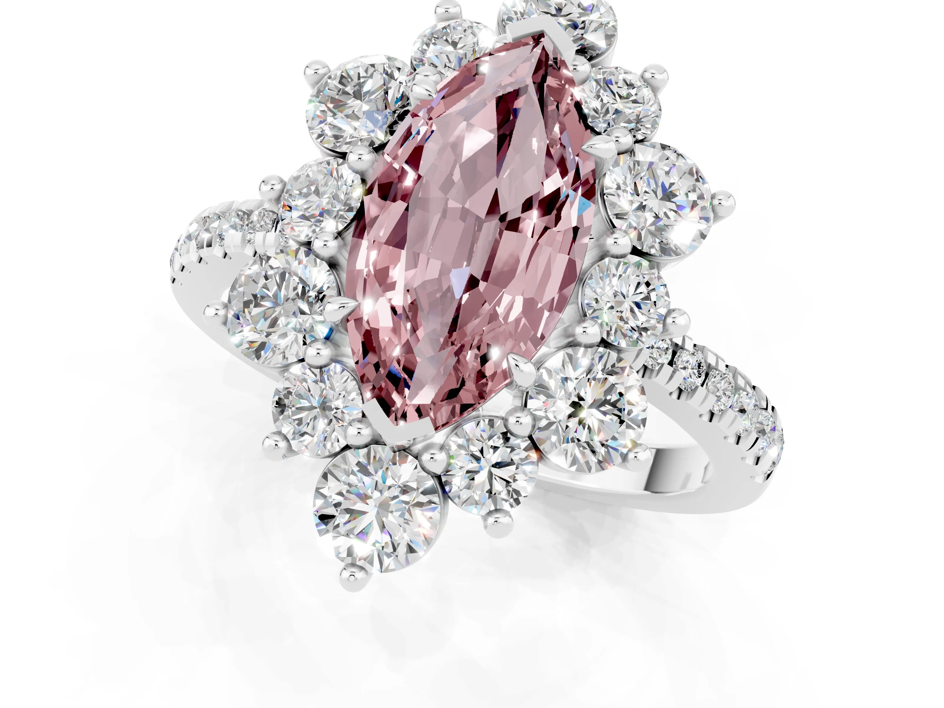 White gold Marquise Cut Cut Diamond Floral Halo Pave Band with Prong Setting_1