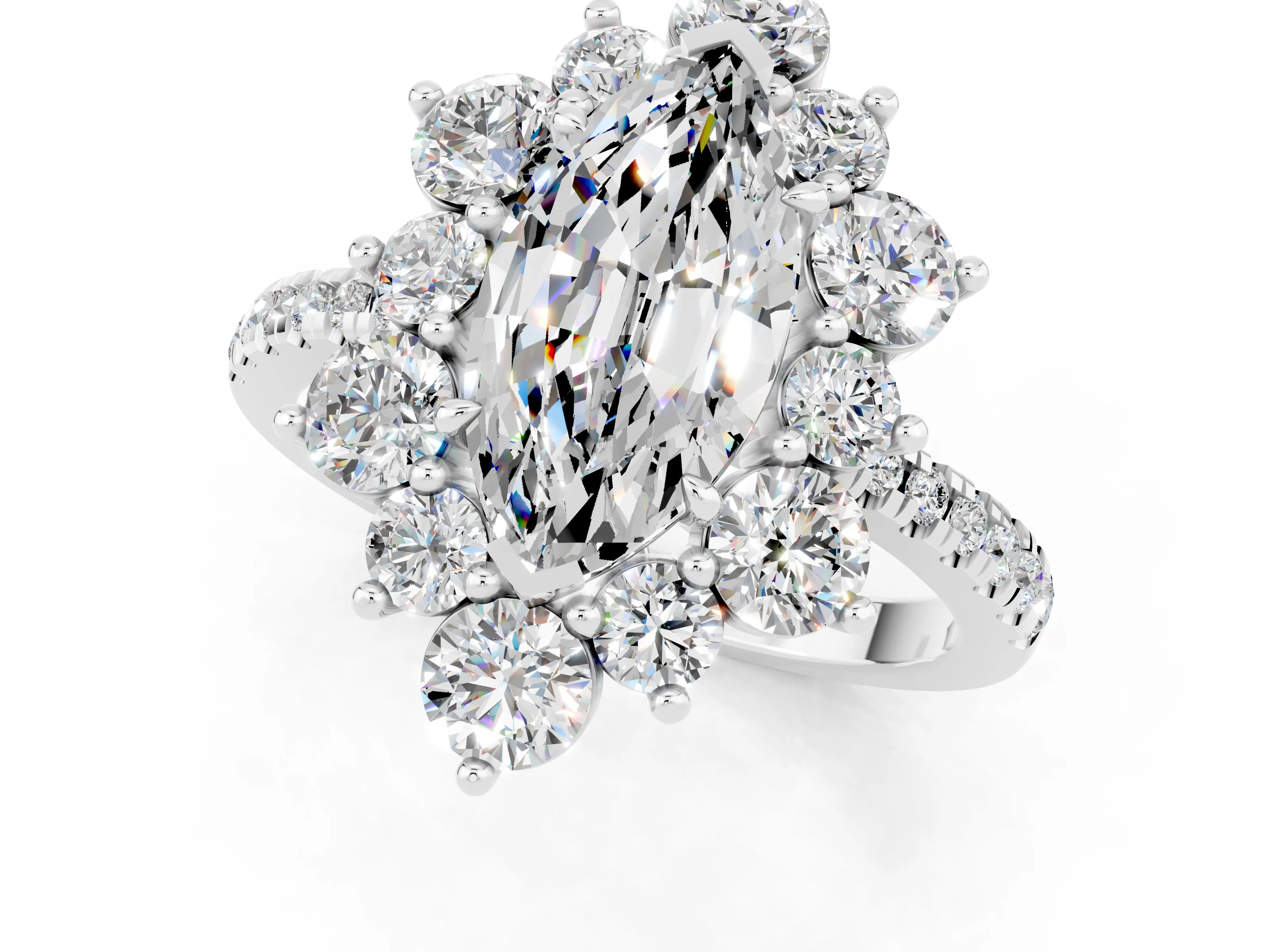 White gold Marquise Cut Cut Diamond Floral Halo Pave Band with Prong Setting_1
