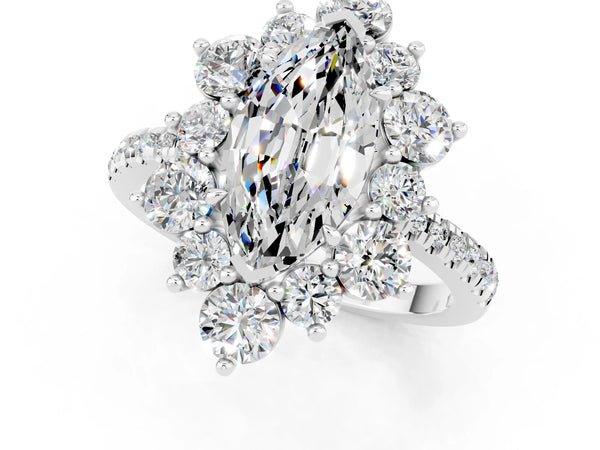 Platinum Marquise Cut Moissanite Floral Halo Ring with Round Pavé Band and Prong Setting