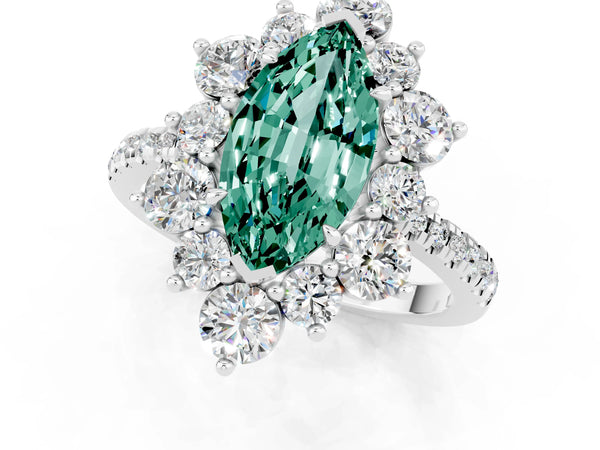 Platinum Marquise Cut Green Sapphire Floral Halo Ring with Round Pavé Band and Prong Setting