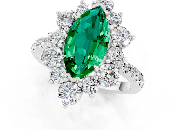 Silver Marquise Cut Emerald Floral Halo Ring with Round Pavé Band and Prong Setting