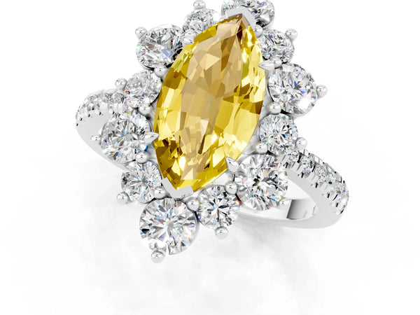 White gold Marquise Cut Yellow Sapphire Floral Halo Ring with Round Pavé Band and Prong Setting