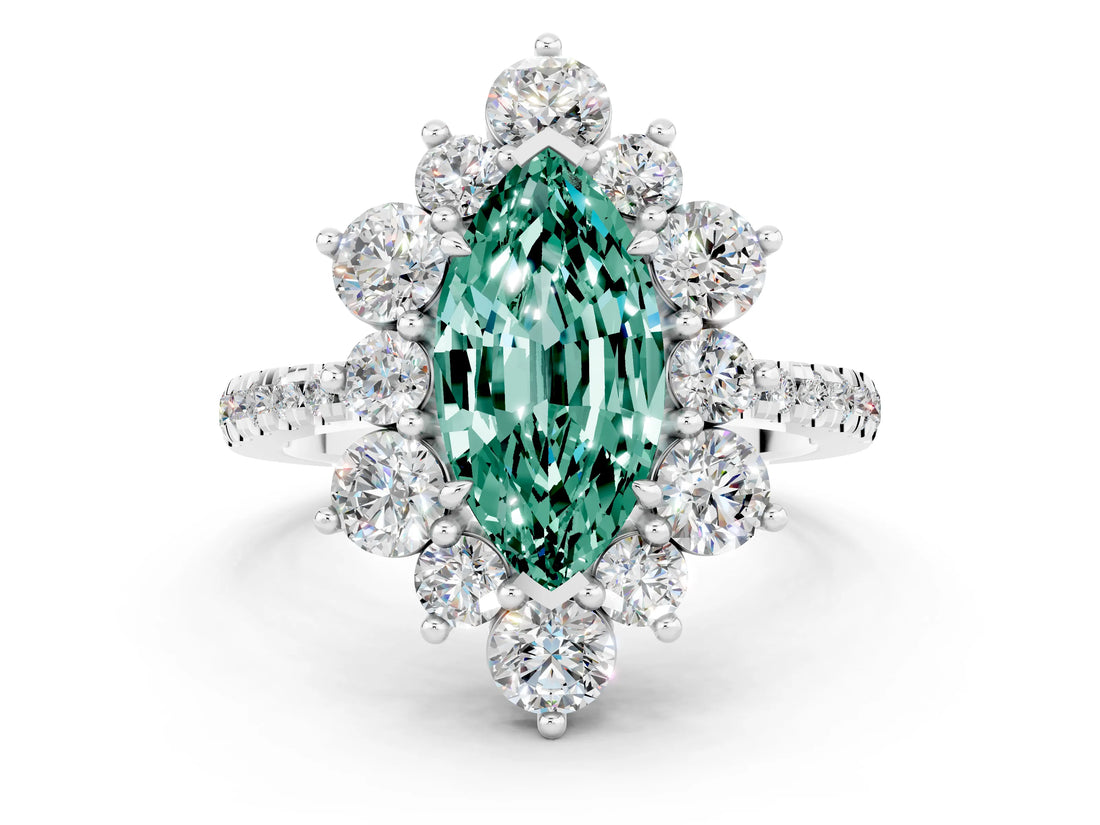 White gold Marquise Cut Cut Diamond Floral Halo Pave Band with Prong Setting