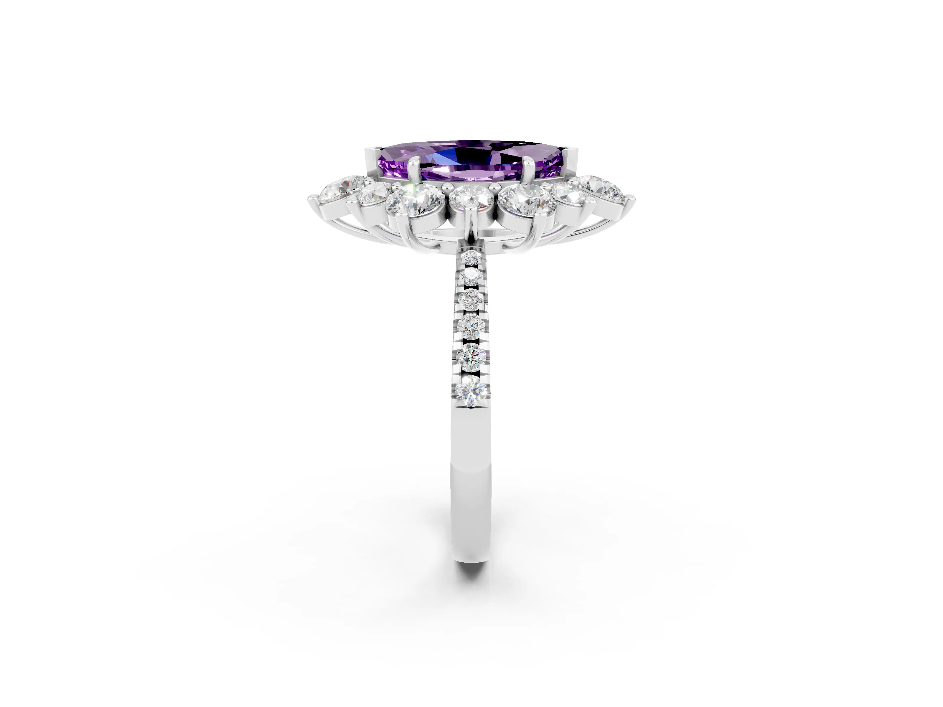 White gold Marquise Cut Cut Diamond Floral Halo Pave Band with Prong Setting_2