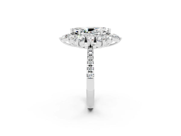Platinum Marquise Cut Moissanite Floral Halo Ring with Round Pavé Band and Prong Setting