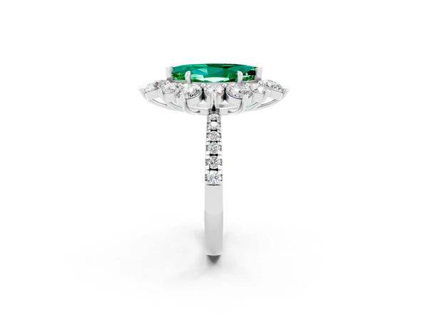 Platinum Marquise Cut Emerald Floral Halo Ring with Round Pavé Band and Prong Setting
