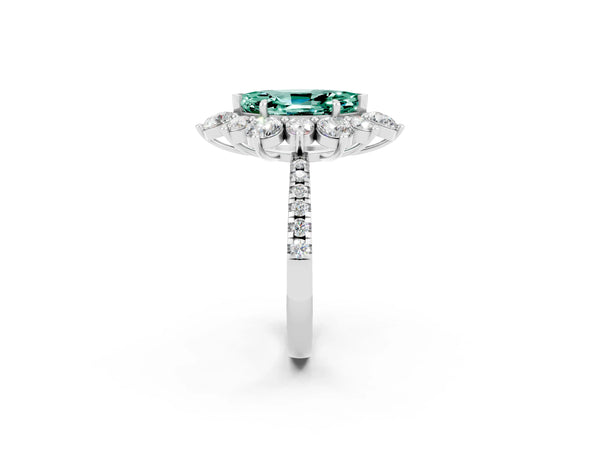 Silver Marquise Cut Green Sapphire Floral Halo Ring with Round Pavé Band and Prong Setting