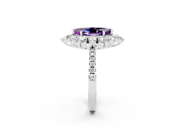 Silver Marquise Cut Amethyst Floral Halo Ring with Round Pavé Band and Prong Setting