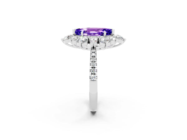 Silver Marquise Cut Tanzanite Floral Halo Ring with Round Pavé Band and Prong Setting