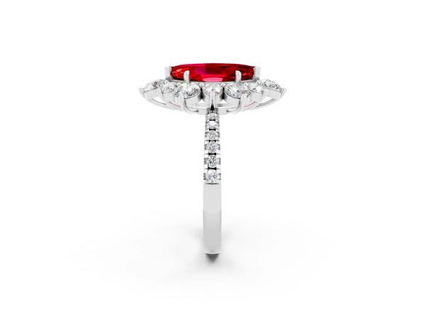 Silver Marquise Cut Ruby Floral Halo Ring with Round Pavé Band and Prong Setting