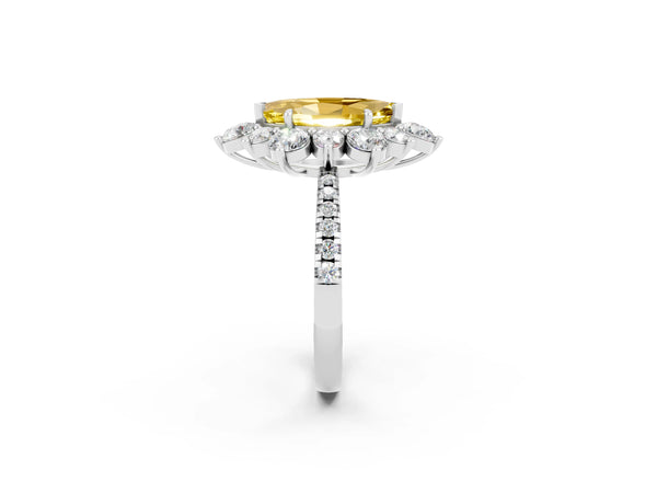 White gold Marquise Cut Yellow Sapphire Floral Halo Ring with Round Pavé Band and Prong Setting