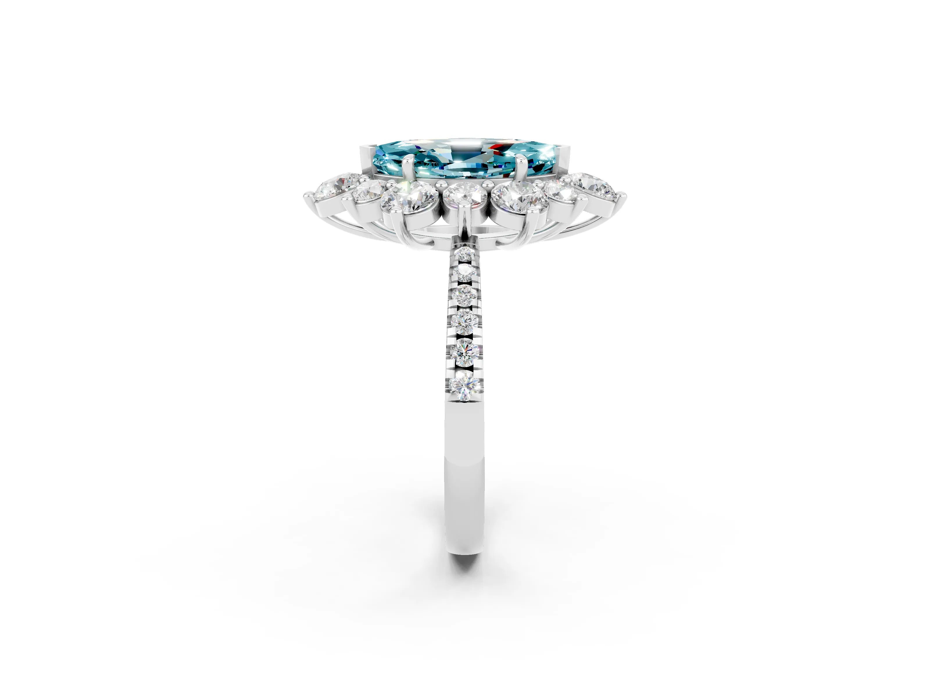 White gold Marquise Cut Cut Diamond Floral Halo Pave Band with Prong Setting_2