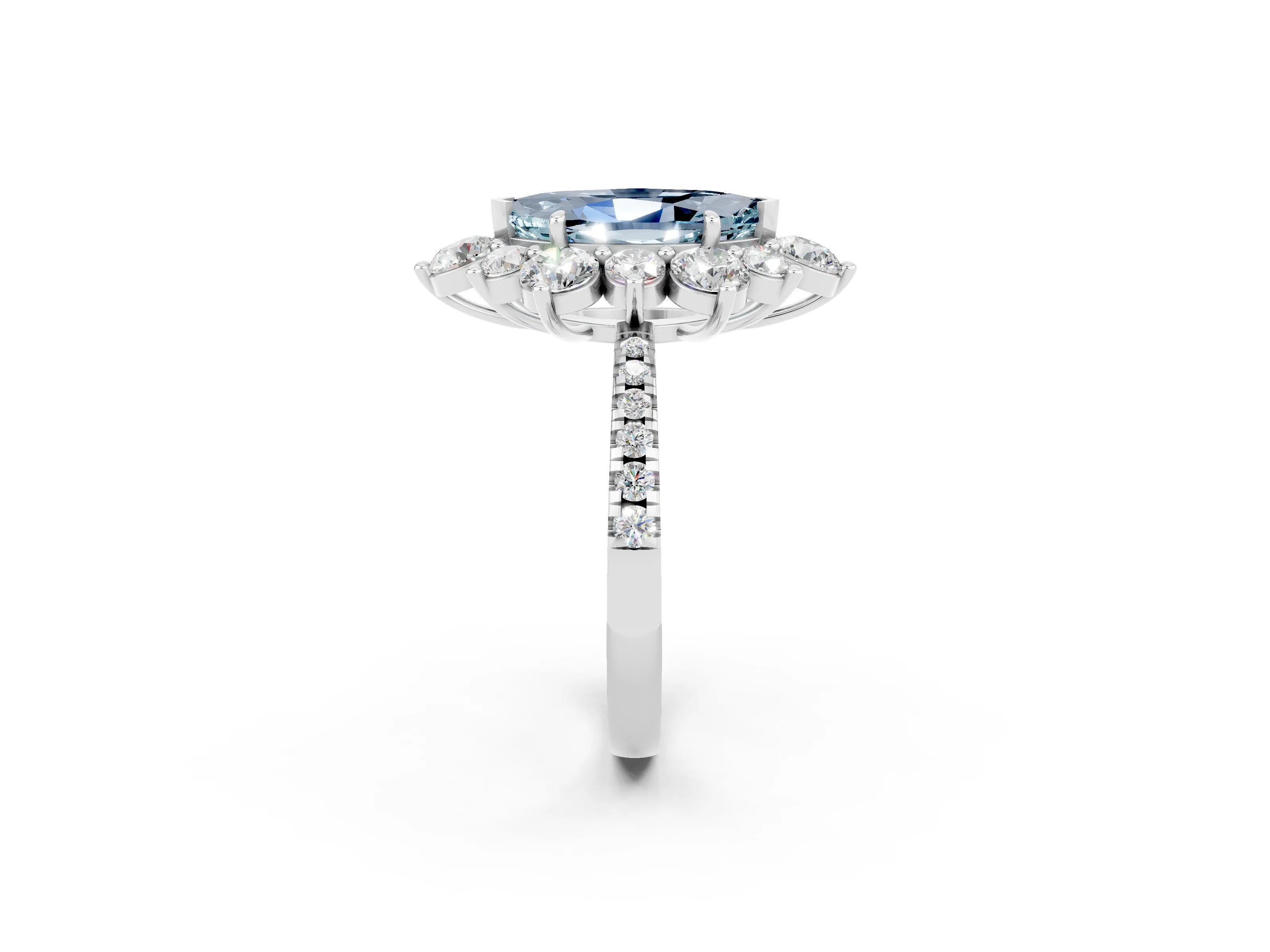 White gold Marquise Cut Cut Diamond Floral Halo Pave Band with Prong Setting_2