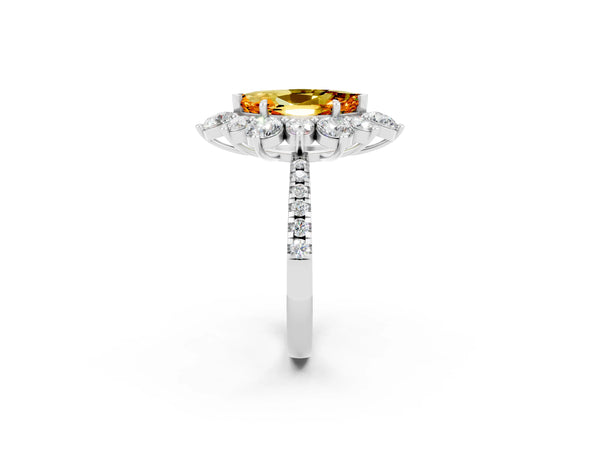 Silver Marquise Cut Citrine Floral Halo Ring with Round Pavé Band and Prong Setting