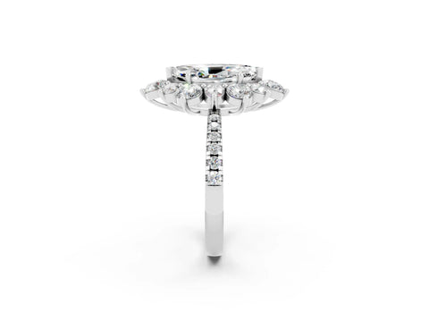 White gold Marquise Cut Cut Diamond Floral Halo Pave Band with Prong Setting_2