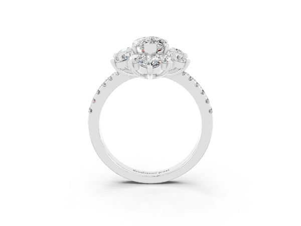 Platinum Marquise Cut Moissanite Floral Halo Ring with Round Pavé Band and Prong Setting