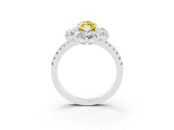 White gold Marquise Cut Yellow Sapphire Floral Halo Ring with Round Pavé Band and Prong Setting