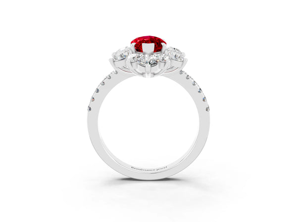 Silver Marquise Cut Ruby Floral Halo Ring with Round Pavé Band and Prong Setting
