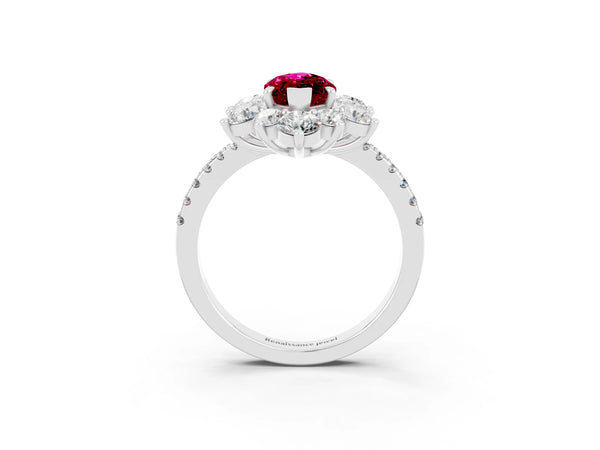 Silver Marquise Cut Garnet Floral Halo Ring with Round Pavé Band and Prong Setting