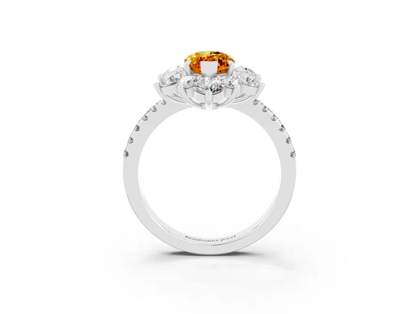 Platinum Marquise Cut Citrine Floral Halo Ring with Round Pavé Band and Prong Setting