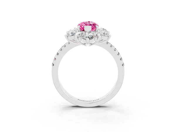 Platinum Marquise Cut Cut Diamond Floral Halo Pave Band with Prong Setting