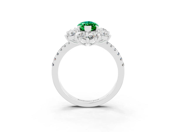 Platinum Marquise Cut Emerald Floral Halo Ring with Round Pavé Band and Prong Setting