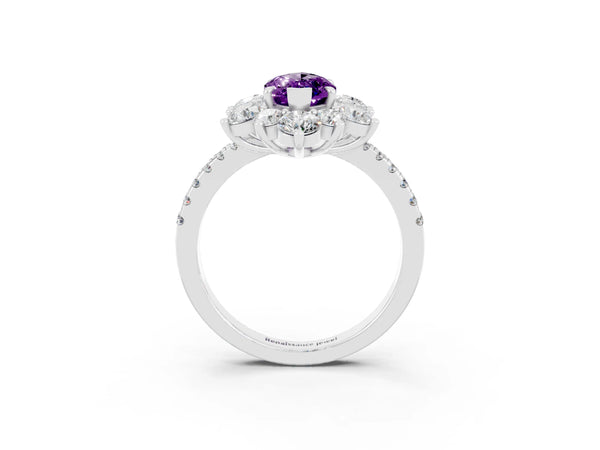 Silver Marquise Cut Amethyst Floral Halo Ring with Round Pavé Band and Prong Setting