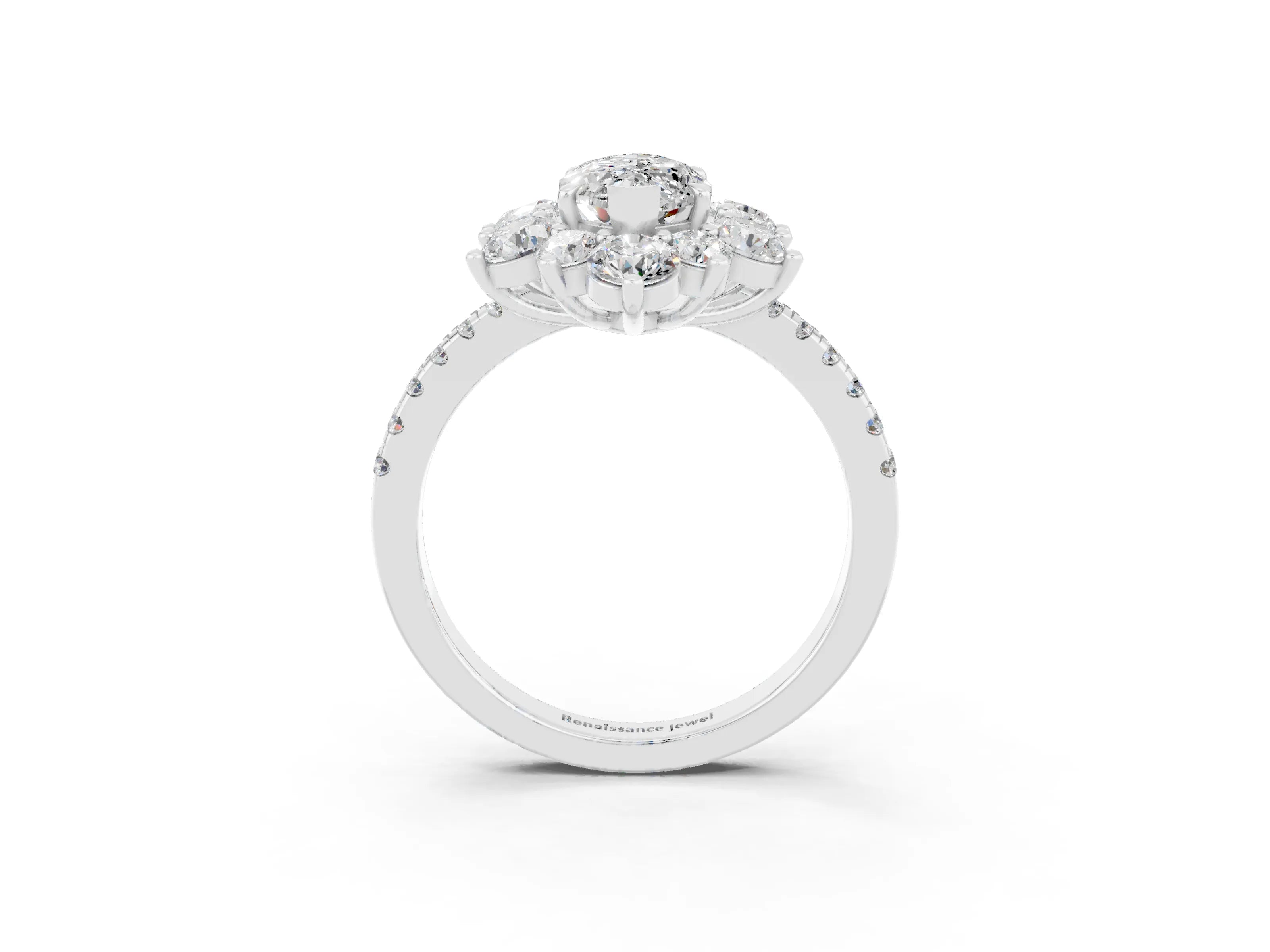 White gold Marquise Cut Cut Diamond Floral Halo Pave Band with Prong Setting_3