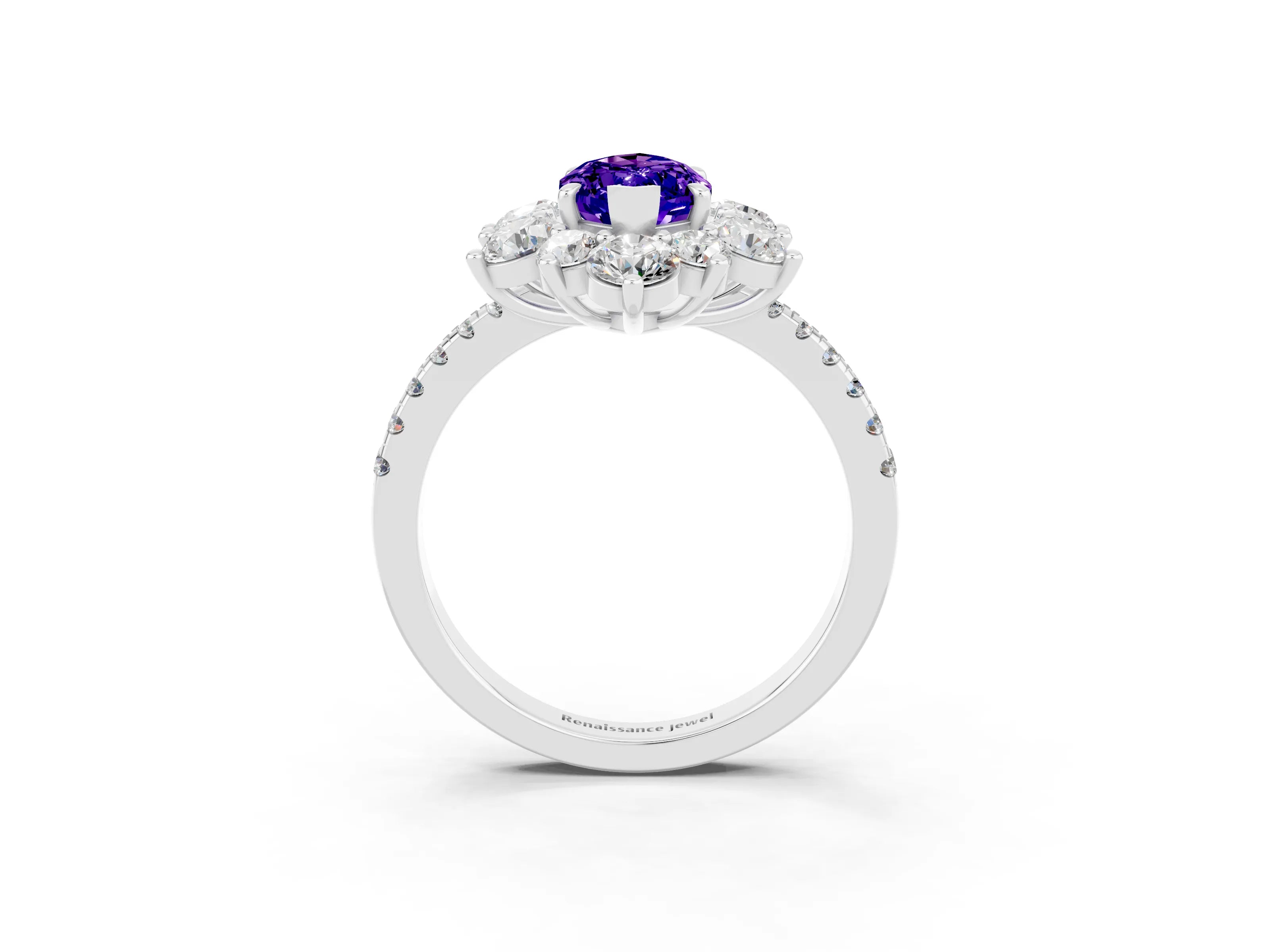White gold Marquise Cut Cut Diamond Floral Halo Pave Band with Prong Setting_3