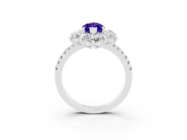 Silver Marquise Cut Tanzanite Floral Halo Ring with Round Pavé Band and Prong Setting