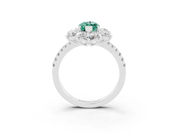 Silver Marquise Cut Green Sapphire Floral Halo Ring with Round Pavé Band and Prong Setting