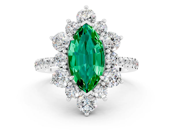 Silver Marquise Cut Emerald Floral Halo Ring with Round Pavé Band and Prong Setting
