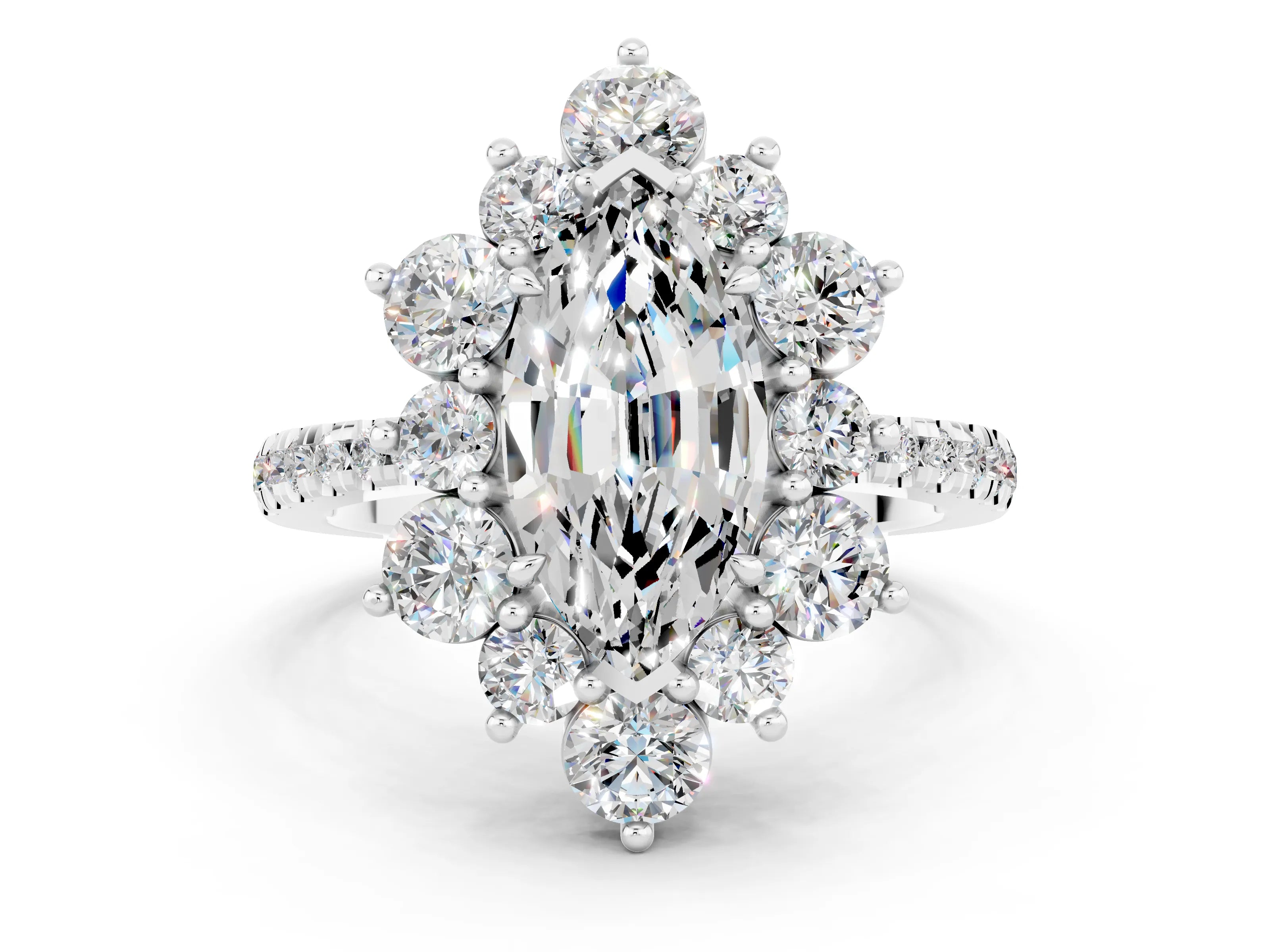 White gold Marquise Cut Cut Diamond Floral Halo Pave Band with Prong Setting