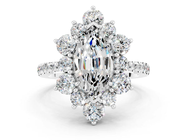 Platinum Marquise Cut Moissanite Floral Halo Ring with Round Pavé Band and Prong Setting