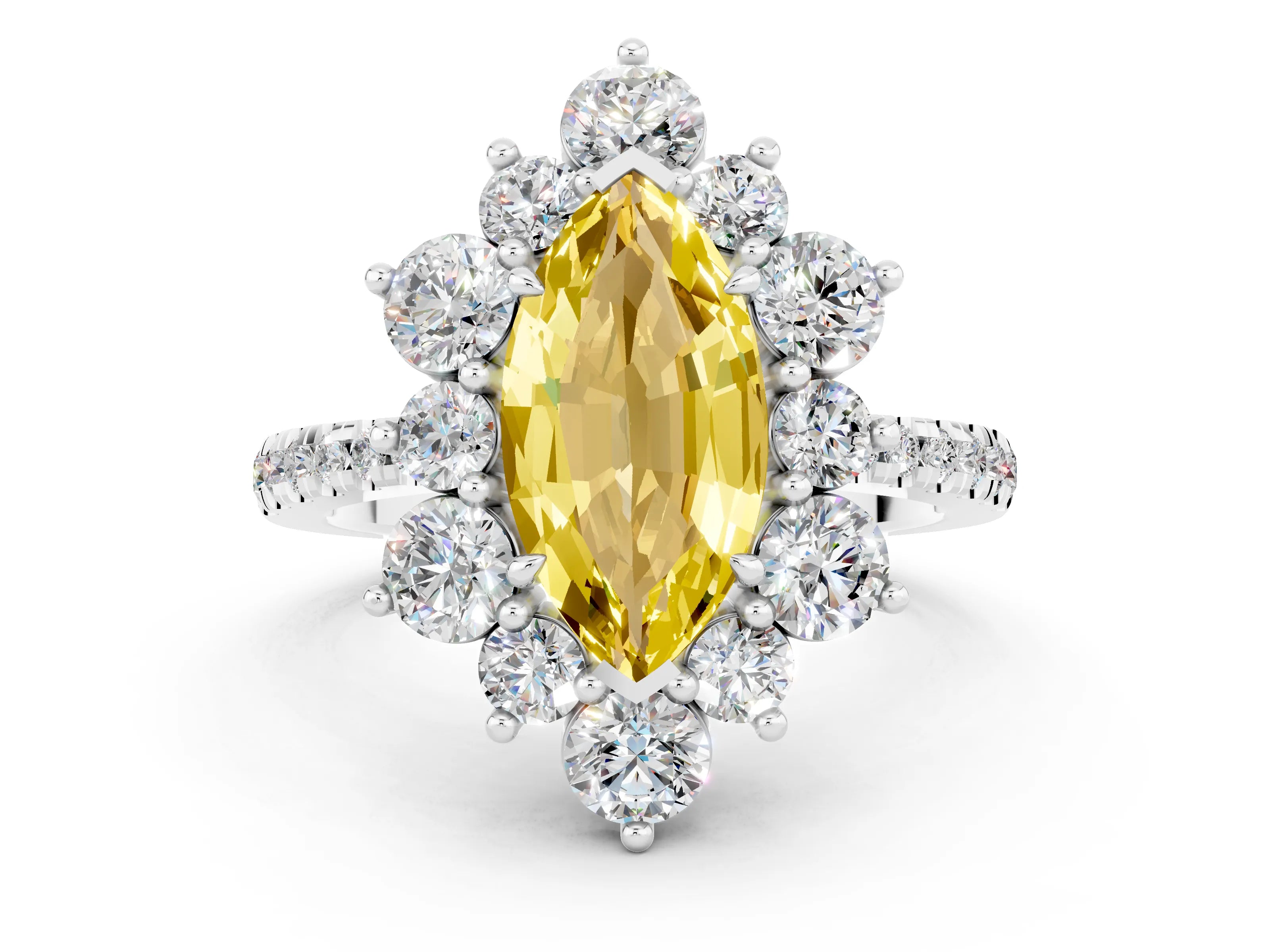 White gold Marquise Cut Cut Diamond Floral Halo Pave Band with Prong Setting