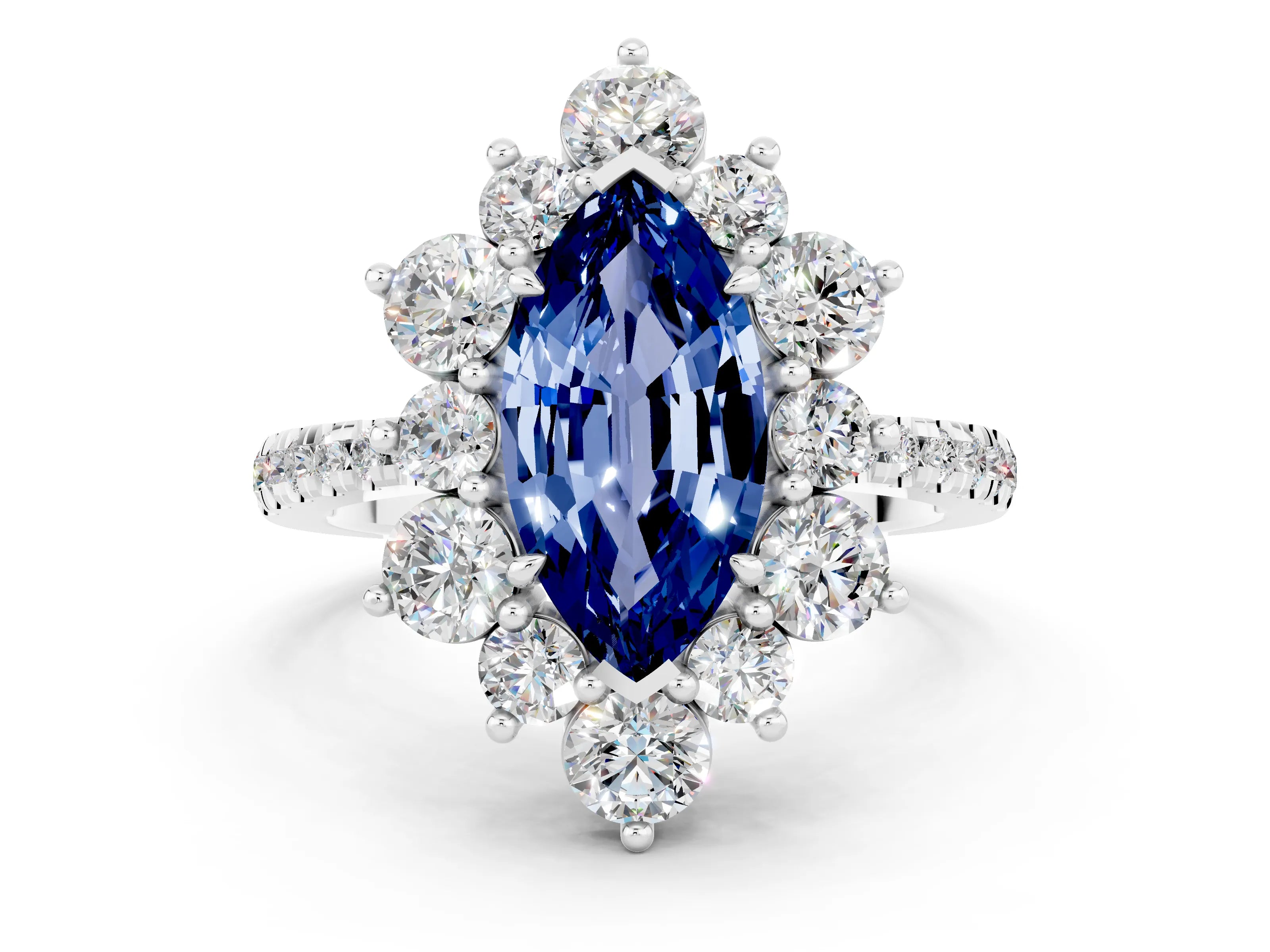 White gold Marquise Cut Cut Diamond Floral Halo Pave Band with Prong Setting