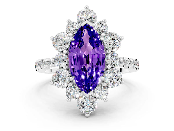 Silver Marquise Cut Tanzanite Floral Halo Ring with Round Pavé Band and Prong Setting
