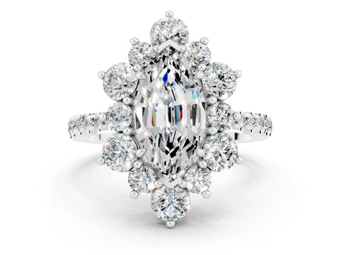 White gold Marquise Cut Cut Diamond Floral Halo Pave Band with Prong Setting