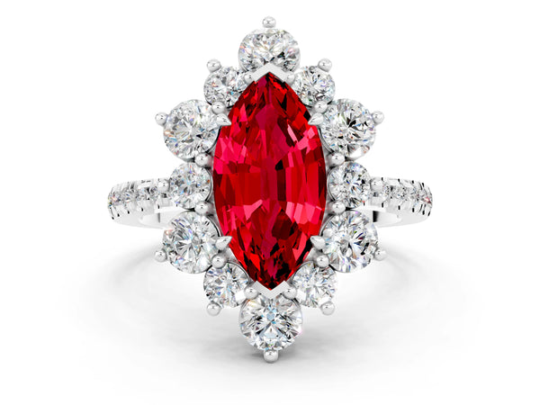 Platinum Marquise Cut Ruby Floral Halo Ring with Round Pavé Band and Prong Setting