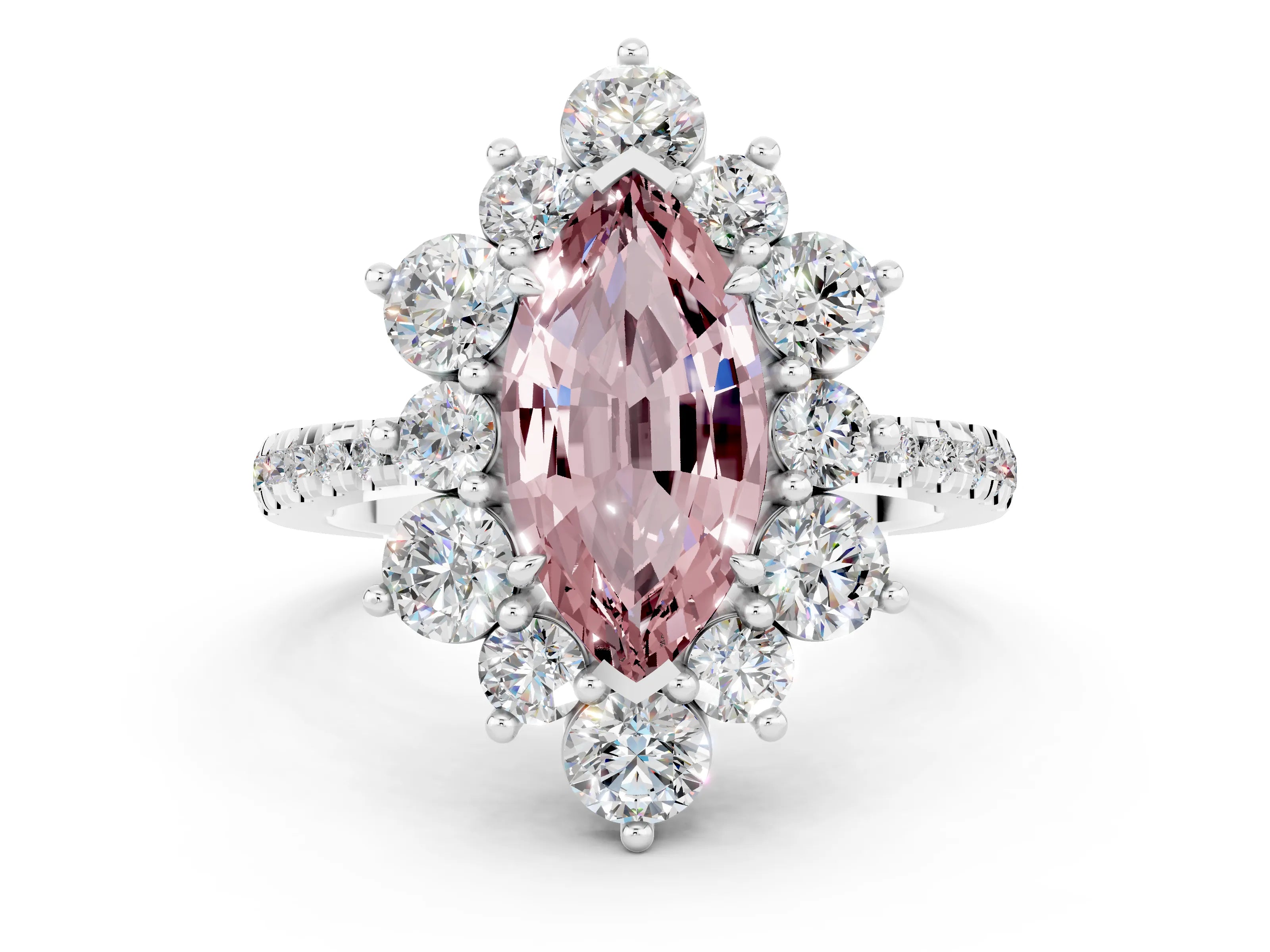 White gold Marquise Cut Cut Diamond Floral Halo Pave Band with Prong Setting