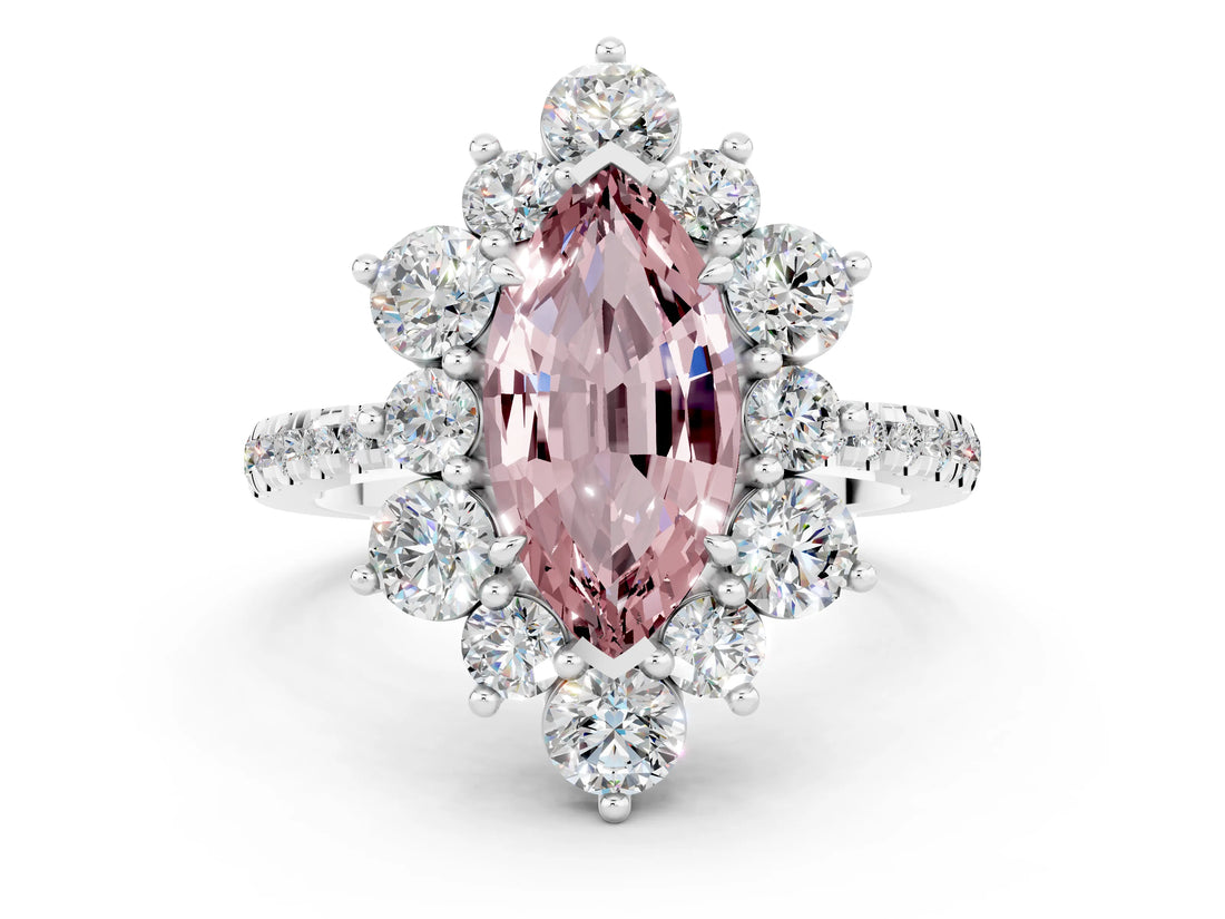 White gold Marquise Cut Cut Diamond Floral Halo Pave Band with Prong Setting