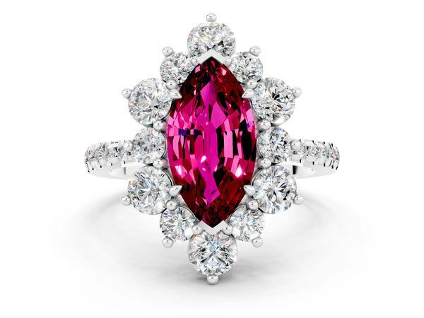 Silver Marquise Cut Garnet Floral Halo Ring with Round Pavé Band and Prong Setting