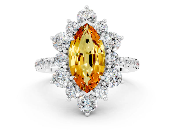 Platinum Marquise Cut Citrine Floral Halo Ring with Round Pavé Band and Prong Setting
