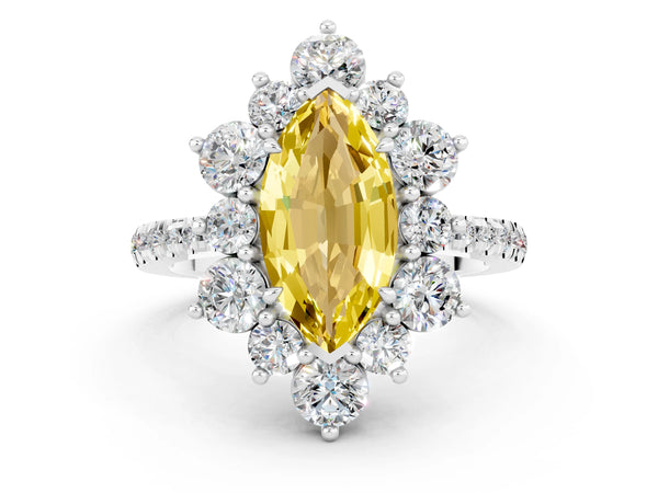 White gold Marquise Cut Yellow Sapphire Floral Halo Ring with Round Pavé Band and Prong Setting