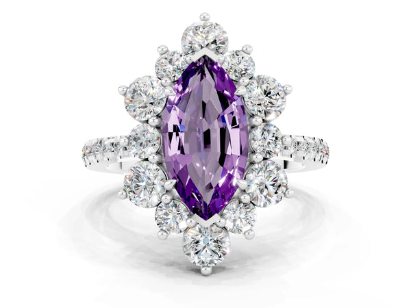 Silver Marquise Cut Amethyst Floral Halo Ring with Round Pavé Band and Prong Setting