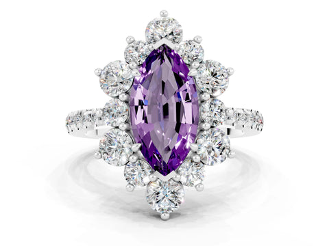 White gold Marquise Cut Cut Diamond Floral Halo Pave Band with Prong Setting